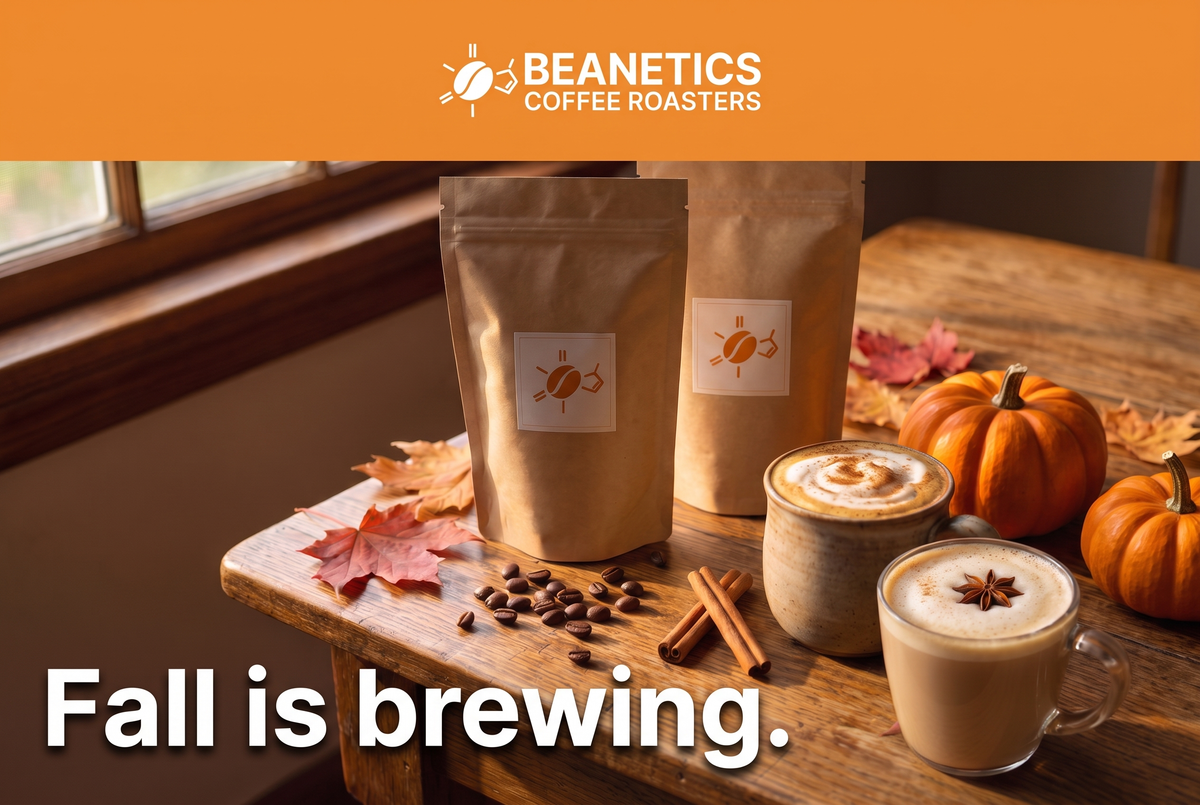 Fall is brewing. Beanetics Coffee Roasters fall lineup: pumpkin spice and chai lattes with kraft coffee bags
