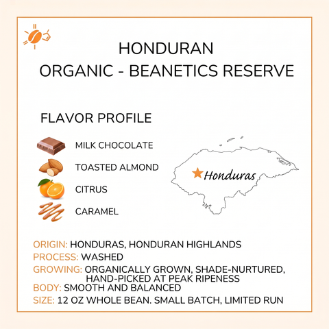 Honduran Organic details: Honduran highlands, organically grown, washed; milk chocolate, toasted almond, citrus, caramel